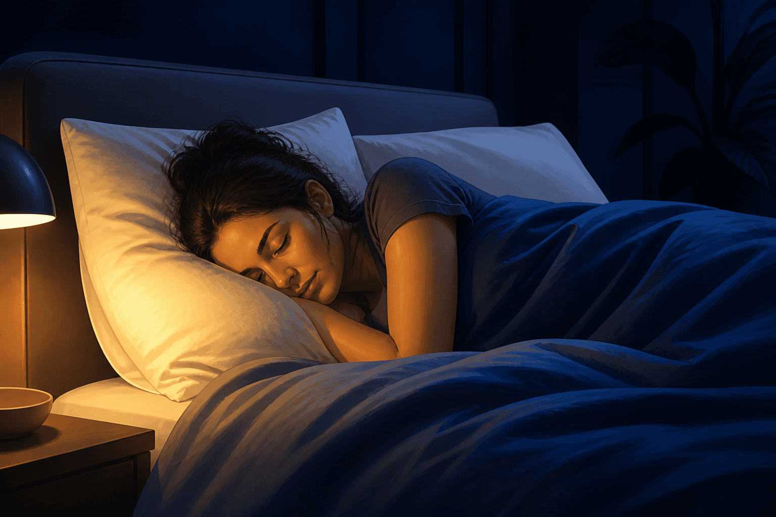 Illustrated person sleeping peacefully in bed under warm lamp light